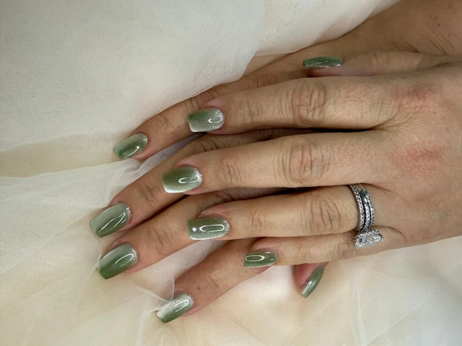 Sage green chrome almond nails