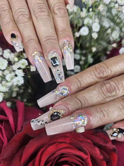 Nude coffin nails with crystals and a French tip, by May