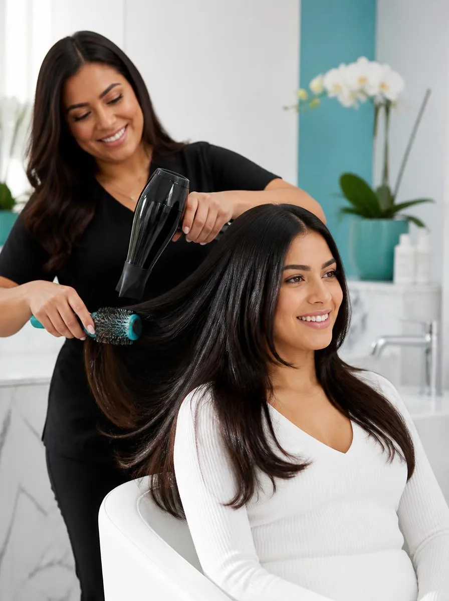 A stylist blow-drying a client’s hair sleek and straight with a round brush, orchids in the background