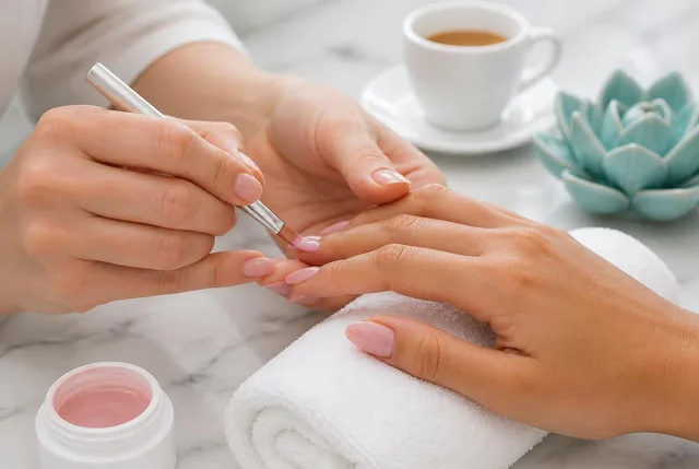 A gel manicure in progress at a white marble table, with a cup of coffee and a turquoise lotus